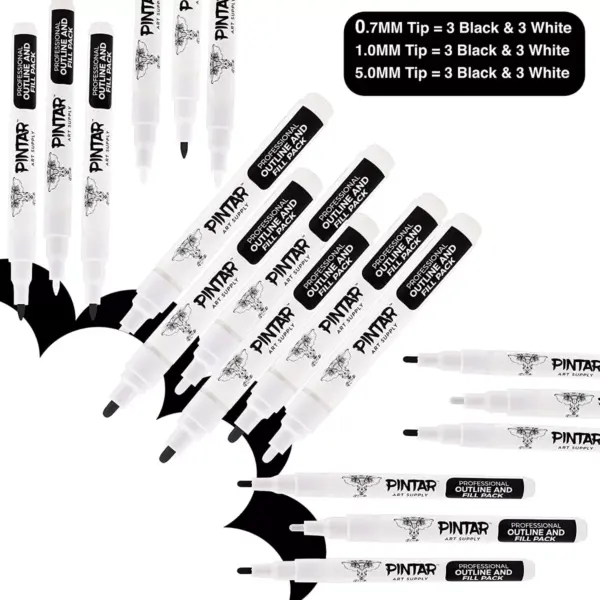 Pintar Art Supply Professional Outline & Fill Pack - Set of 18 Black/White Paint Markers