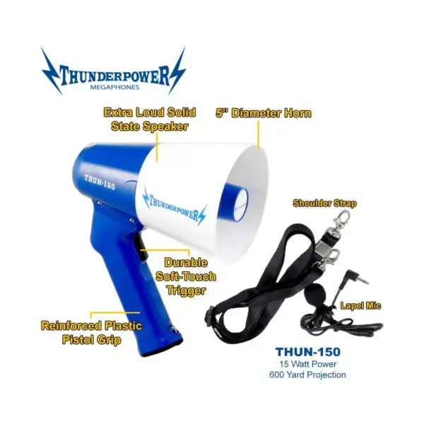 ThunderPower THUN150 600 Yard Sound Range 15 Watt Portable PA Bullhorn Megaphone Speaker with 2 Megaphone Modes, Blue