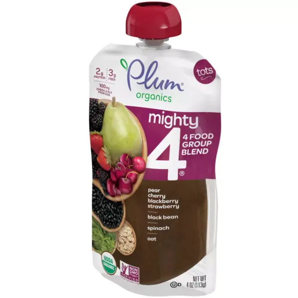 Plum Organics Mighty 4 Blends Pear Cherry Blackberry Strawberry Black Bean Spinach & Oat Baby Snacks - 4oz