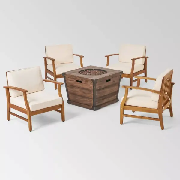 Mark 5pc Acacia Wood Club Chairs & Fire Pit - Teak/Cream/Brown - Christopher Knight Home