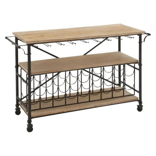 Metal and Wood Pine Shelves Wine Roll Table Black - Olivia & May