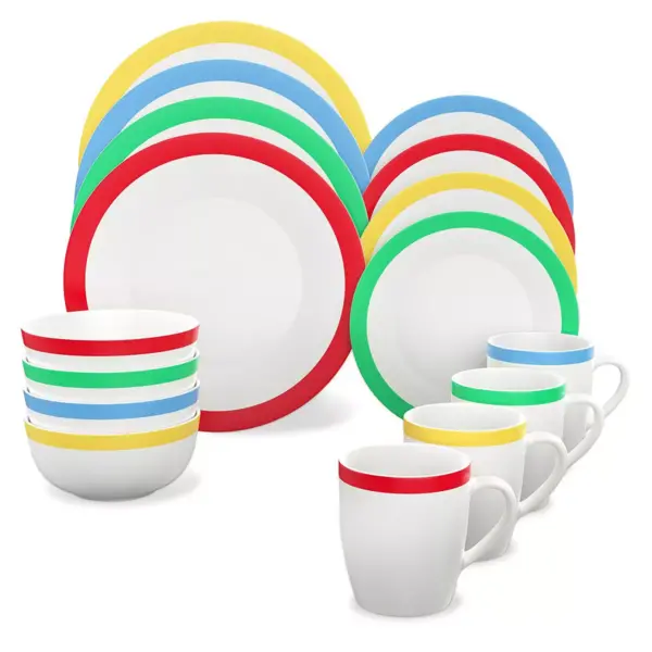 Vremi 16 Piece Multicolor Porcelain Dinnerware Set with 4 Dinner Plates, 4 Dessert Plates, 4 Salad/Soup Bowls, & 4 Coffee/Tea Mugs