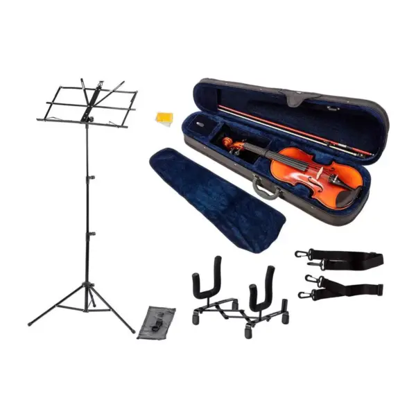 Monoprice 4/4 Flamed Maple Violin with Music Stand, Violin Stand, Case, Bow, and Rosin - Stage Right Sonata