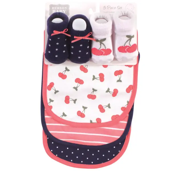 Hudson Baby Infant Girl Cotton Bib and Sock Set 5pk, Cherry, One Size