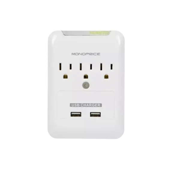 Monoprice Power & Surge - 3 Outlet Power Surge Protector Wall Tap With 2 Built In 2.1A USB Ports - White | UL Rated540 Joules With Protected Light