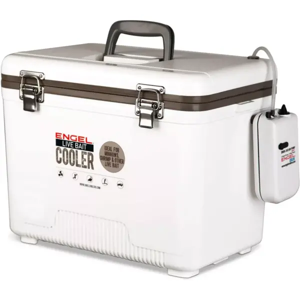 Engel 19 Quart Portable Insulated Live Bait Fishing Dry Box 32 Can Hard Airtight Cooler with Water Speed Aerator Pump and Removable Pull Net , White