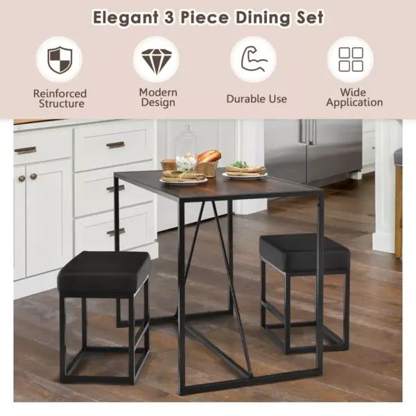 Costway 3pcs Dining Set Metal Frame Kitchen Table and 2 Stools Home Breakfast