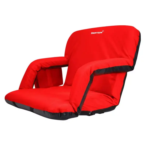 Driftsun Padded Folding Portable 6 Position Reclining Cushioned Stadium Seat Chair with Side Beverage Cup Holder and Backpack Carry Straps, Red