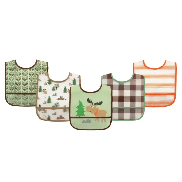 Luvable Friends Baby Boy Waterproof PEVA Bibs 5pk, Moose, One Size