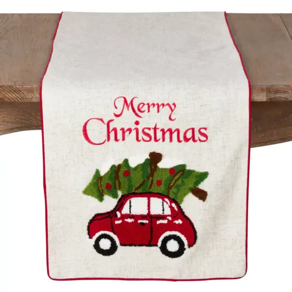 72"x15" Merry Christmas And Red Car Design Poly Blend Table Runner Ivory - Saro Lifestyle