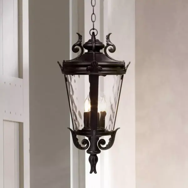 John Timberland Traditional Outdoor Ceiling Light Hanging Textured Black 23 3/4" Clear Hammered Glass Damp Rated for House Porch