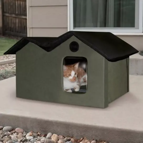 K&H Pet Products 3973 Extra Wide Outdoor Water Resistant Heated Kitty House with 2 Door Flaps Safe Escape For Feral and Outdoor Cats, Olive