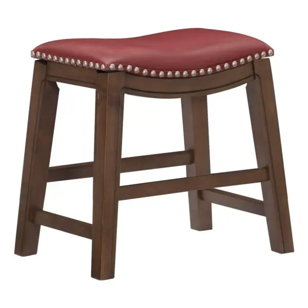 Homelegance 18-Inch Dining Height Wooden Bar Stool with Solid Wood Legs and Faux Leather Saddle Seat Kitchen Barstool Dinning Chair, Brown and Red