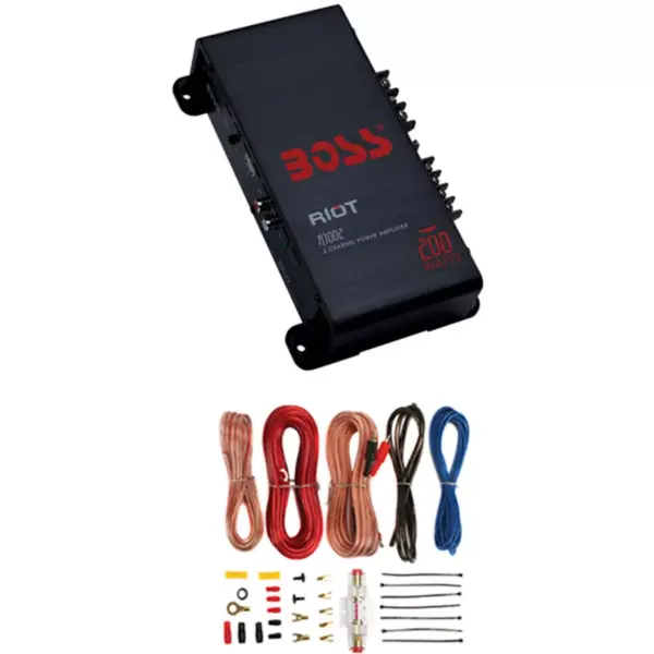 BOSS R1002 200W 2-Channel Car Audio Amplifier Amp + 8 Gauge Install Amp Kit+RCA