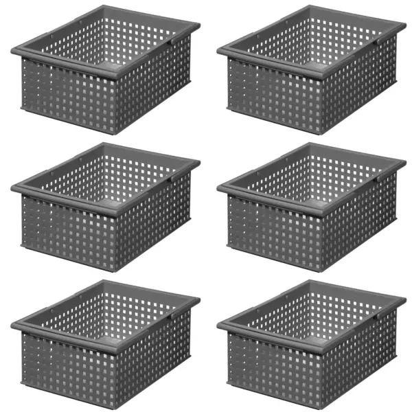 Like-It Versatile Stacking Plastic Home Bathroom Storage Solution Organizer Slotted Basket Tote, Gray (6 Pack)