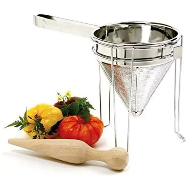 Norpro Stainless Steel Chinois Fine Mesh Soup Sauce Strainer Juicer with Stand and Rubberwood Pestle, Silver