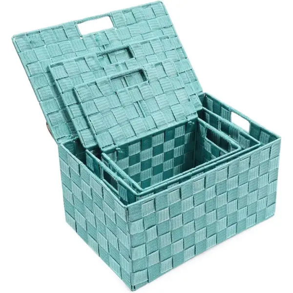 3-Pack Woven Storage Shelf Baskets Bin Box Organizer Rectangle Set, Turquoise 3 Sizes