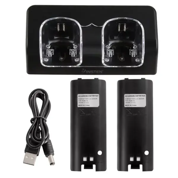 Dual Charging Station w/ 2 Rechargeable Batteries & LED Light compatible with Wii / Wii U Remote Control - Black