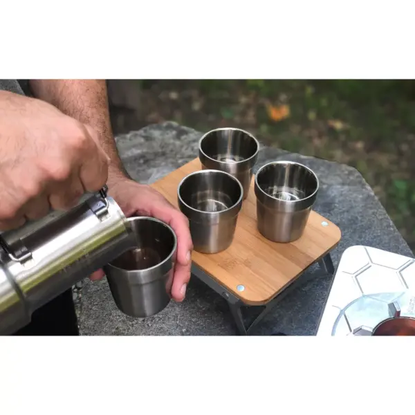 nCamp Basic 4 Pack 6 Oz Stainless Steel Stackable Cups Camping Set Bundle with Outdoor Camping Stove, Gas Adapter Hose and Espresso Style Coffee Maker