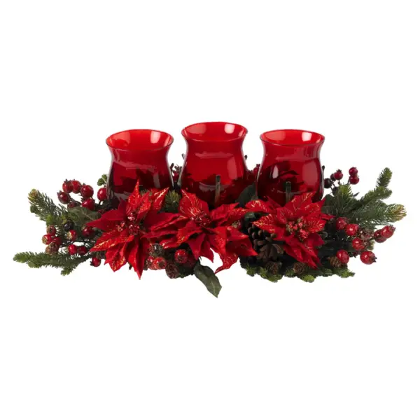 Poinsettia & Berry Triple Candelabrum - Nearly Natural