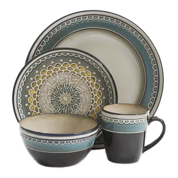 Gibson 124169.16R Everyday Elite Amberdale 16 Piece Reactive Glaze Dinnerware Set Plates, Bowls, & Mugs, Microwave and Dishwasher Safe, Teal