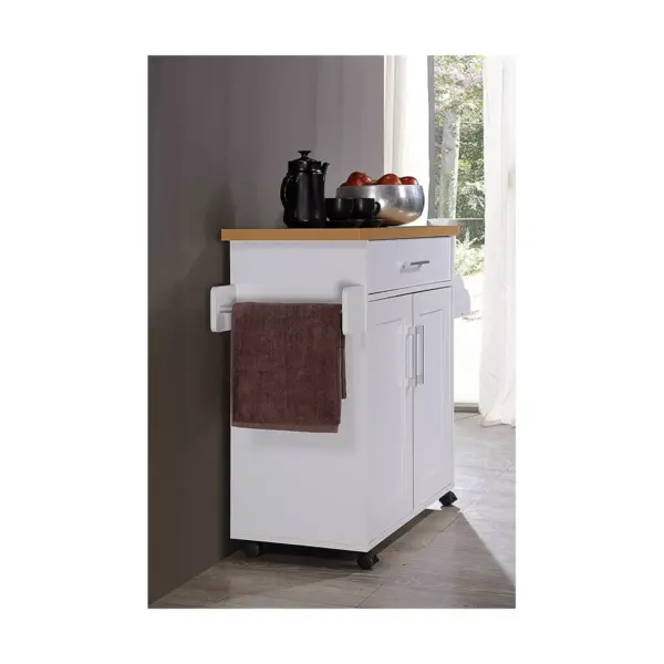 Hodedah Wheeled Kitchen Island with Spice Rack and Towel Holder, White/Beech