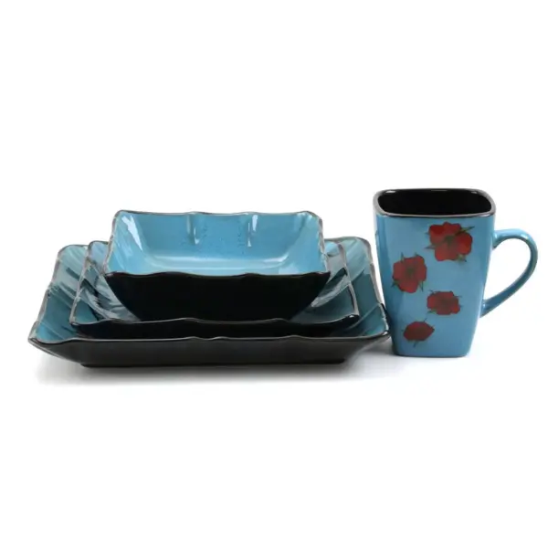 16pc Stoneware Tropical Bloom Square Dinnerware Set Red/Blue - Elama