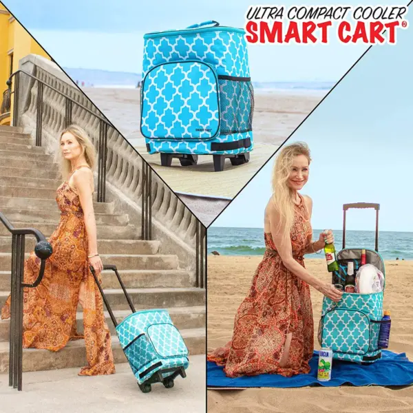 dbest products Ultra Compact Standard Insulated 36 Can Smart Cart Soft Sided Rolling Cooler with Wheels and Handle, Blue Moroccan Tile