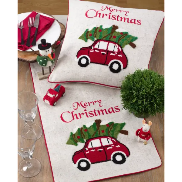 72"x15" Merry Christmas And Red Car Design Poly Blend Table Runner Ivory - Saro Lifestyle