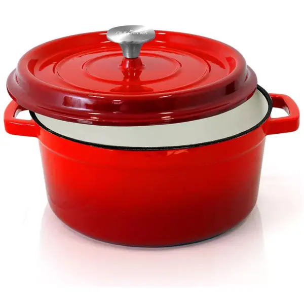 NutriChef 5 Quart Non Stick Porcelain Enameled Round Cast Iron Dutch Oven with Self Basting Lid and Handles, Red