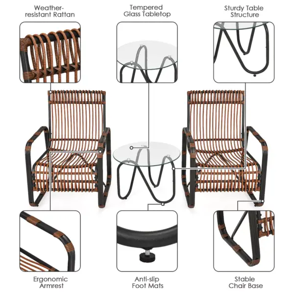 Costway 3PCS Patio Rattan Furniture Set Conversational Sofa Coffee Table Garden