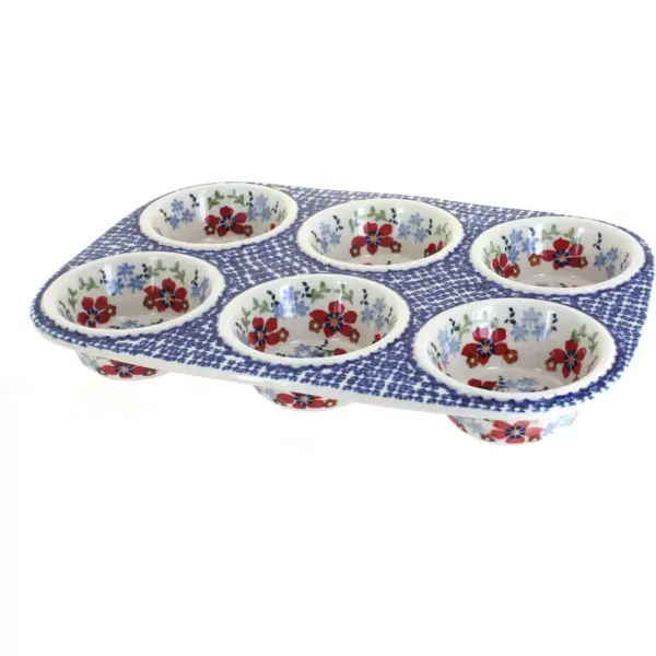 Blue Rose Polish Pottery Red Poppy Muffin Pan