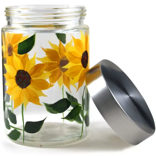 Grant Howard GH-39515 42 Ounce Hand Painted Elegant Sunflower Design Glass Storage Jar with Airtight Lid for Coffee, Spices, Sugar, and Other Dry Food