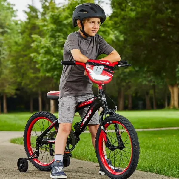 Huffy Moto X 16 Inch Age 4-6 Kids Bike Bicycle with Training Wheels & Hand Brake, Black & Red