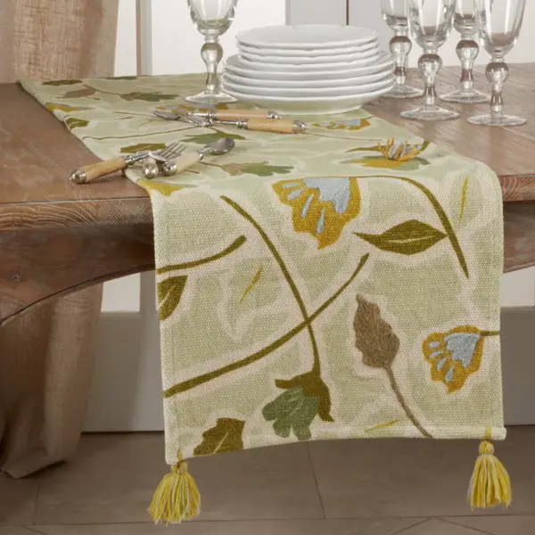 72" x 16" Cotton Embroidered Floral Table Runner Green - Saro Lifestyle