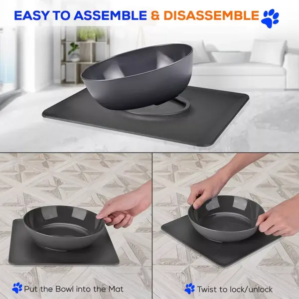 SereneLife Large Non Slip 2 in 1 Interlocking Twisty Dish Pet Food Bowl and No Mess Spill Proof Lock in Place Mat for Cats and Dogs, Gray (2 Pack)