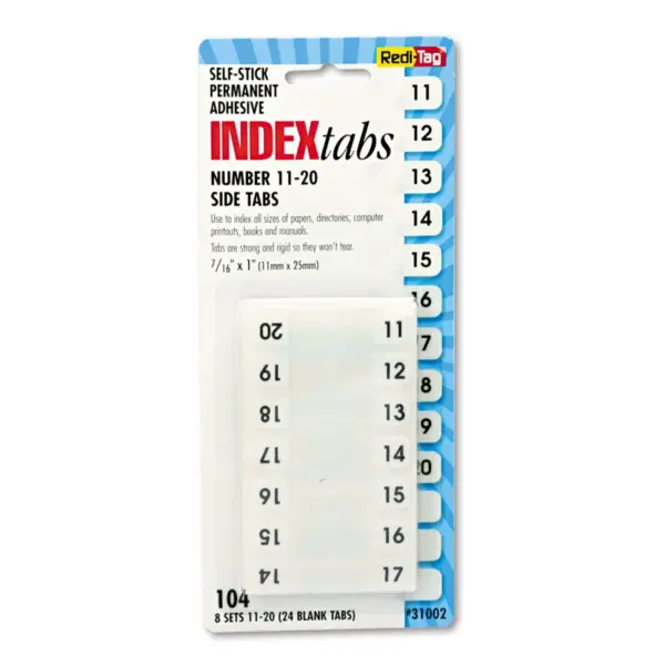 Redi-Tag Side-Mount Self-Stick Plastic Index Tabs Nos 11-20 1 inch White 104/Pack 31002