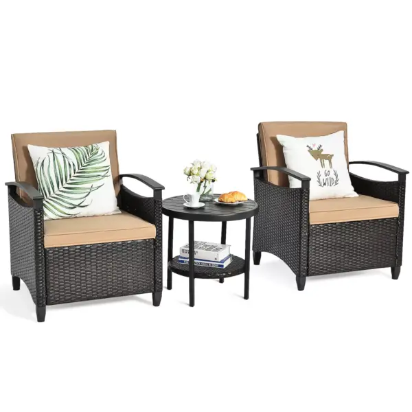 Costway 3PCS Patio Rattan Furniture Set Cushioned Sofa Storage Table W/ Shelf Garden