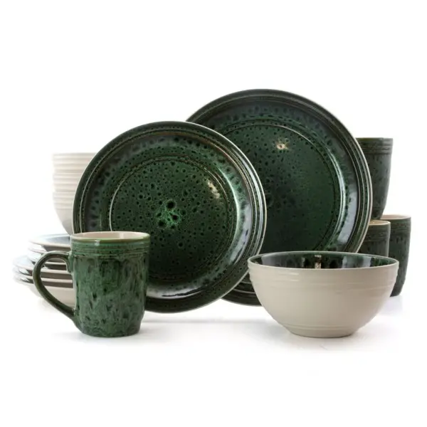 16pc Stoneware Forest Emerald Dinnerware Set Green - Elama