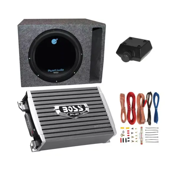 Planet Audio AC12D 12" 1800W 4 Ohm DVC Car Subwoofer Package with Boss Audio 1500W Mono A/B Amplifier, Wiring Amp Kit and QPower Vented Sub Enclosure