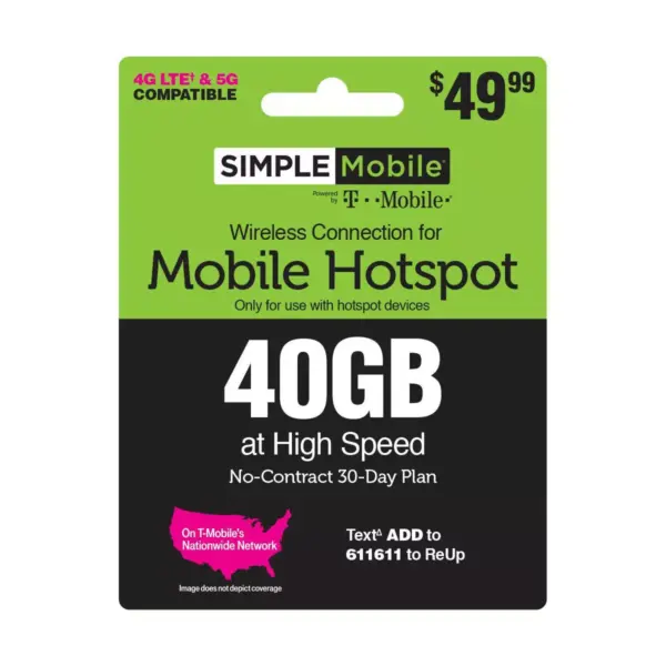 SIMPLE MOBILE Mobile Hotspot 40GB Data 30 Day Plan (EMAIL DELIVERY) - $49.99