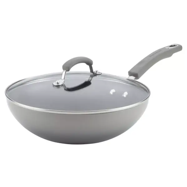 Rachael Ray 11" Hard Enamel Aluminum Nonstick Stir Fry Pan with Glass Lid Gray