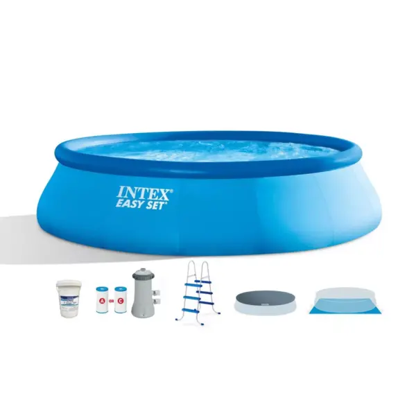 Intex 26165EH 15ft x 42in Above Ground Inflatable Swimming Pool Bundle with Pump, Ladder, Cover, and 50 Pound Bucket of Chlorine Tablets