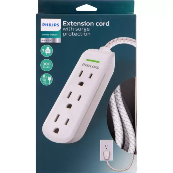 Philips 3-Outlet Surge Protector with 8ft Braided Extension Cord, Gray, White