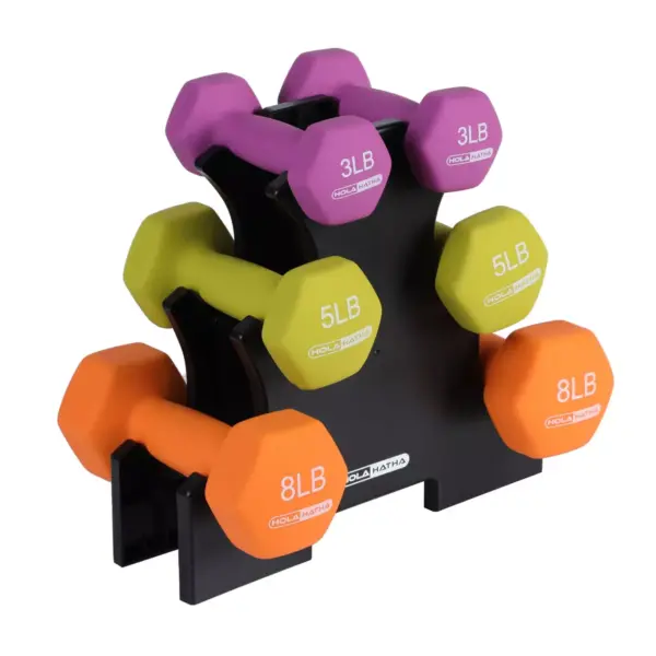 HolaHatha Hex Dumbbell Weight Training Home Gym Equipment Set with 3, 5 and 8 Pound Fitness Hand Weights and Storage Organization Rack