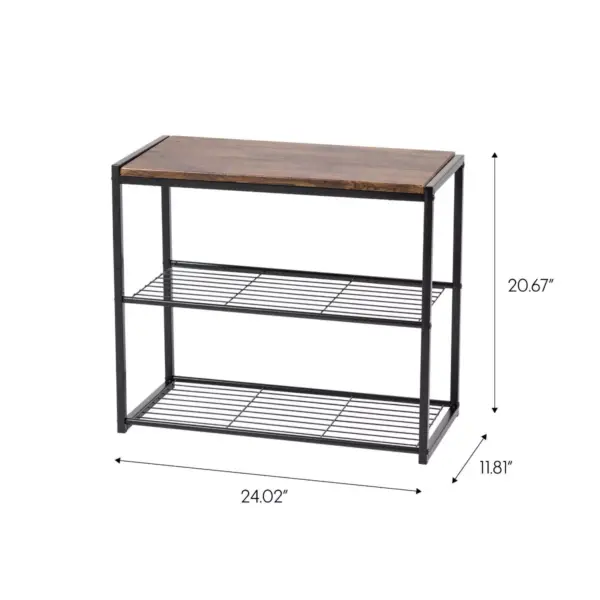 IRIS 3 Tier Shoe Storage Rack with Wood and Steel Shelf Black