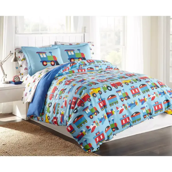 Full Trains with Planes and Trucks 100% Cotton Duvet Cover Blue - WildKin