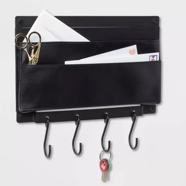 Entryway Faux-Leather Mail Holder/Hook Rail Black - Threshold™