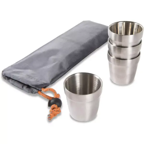 nCamp Basic 4 Pack 6 Oz Stainless Steel Cups Bundle with Portable Outdoor Elevated Prep Cutting Board Surface and Camping Espresso Coffee Maker