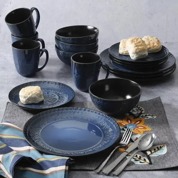 Gibson 124303.16R Elite Milanto Embossed Glazed Durable 16 Piece Dinnerware Set, Microwave and Dishwasher Safe, Blue